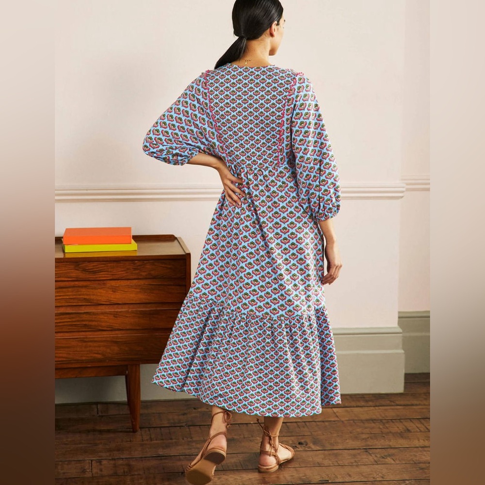 Boden Anita Jersey Midi Dress Size 10 Dusty Blue Oriental Meadow V Neck - Picture 4 of 16